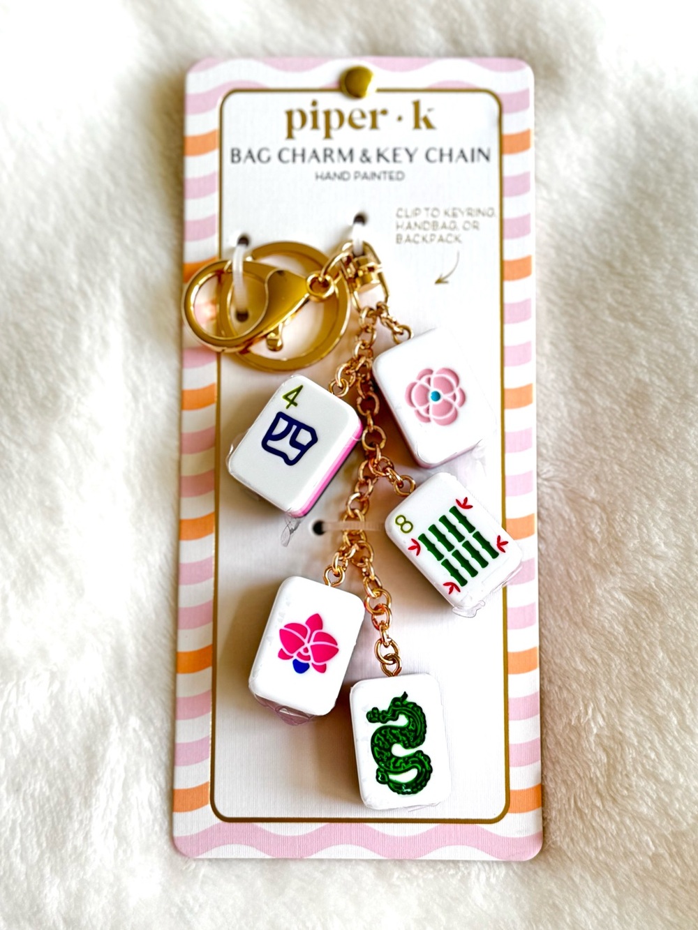 Piper K Hand-Painted Mahjong Tiles Key Chain / Bag Charm in White, Green, & Pink
